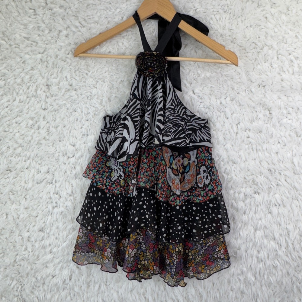 Lulumari Halter Top Small Mixed Print Tiered Boho Floral Polka Dot Zebra Y2K